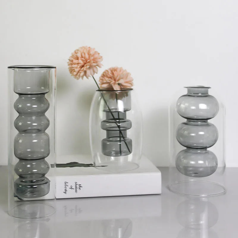 1pc Glass Vase Home Room Decor Wedding Decor Hydroponic Flower Pot Aromatherapy Bottle Double Glass Container Crafts Ornament