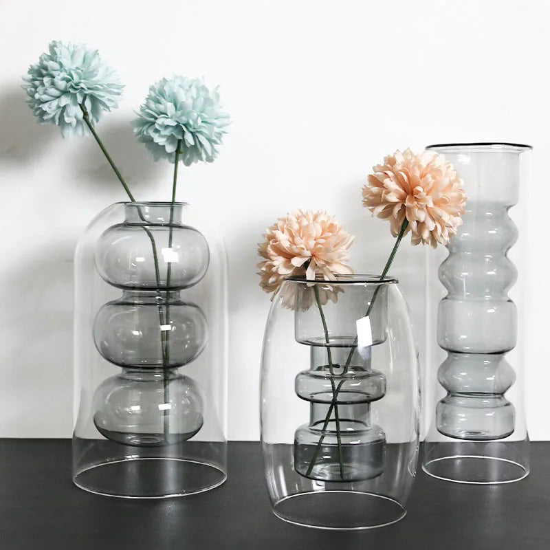 1pc Glass Vase Home Room Decor Wedding Decor Hydroponic Flower Pot Aromatherapy Bottle Double Glass Container Crafts Ornament